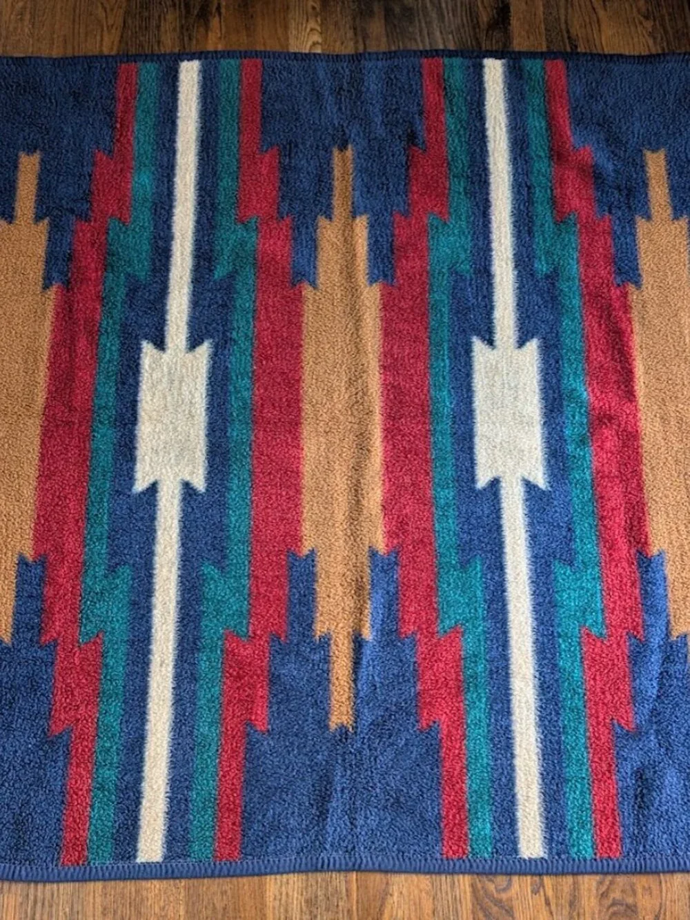 Biederlack Blanket Aztec Southwest Plush Blue Red Green Reversible Vintage